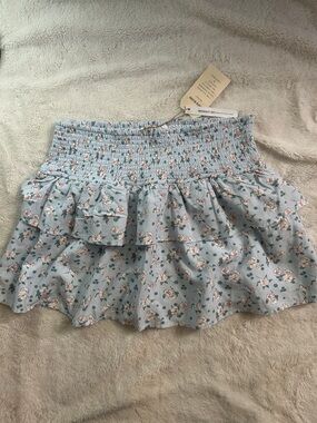 Smocked Light Blue Floral Ruffle Mini Skirt